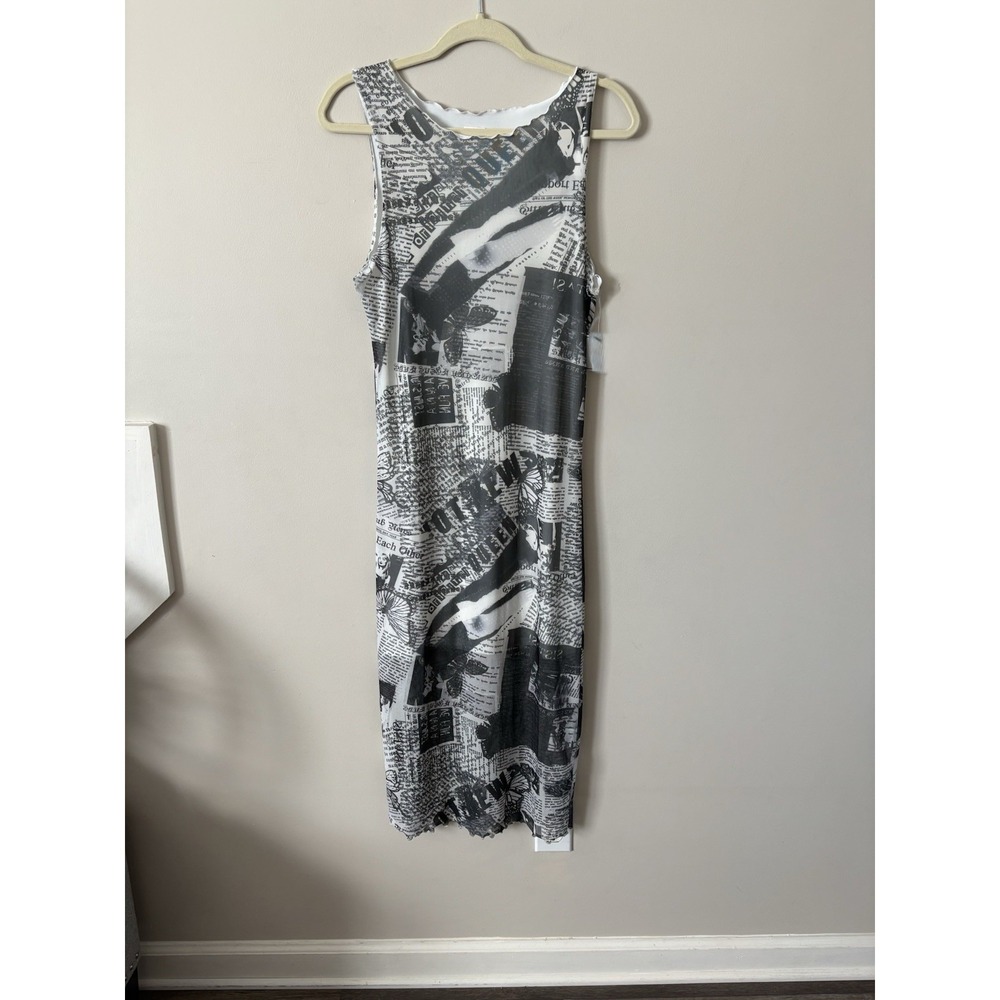 Women's Mesh Midi Newspaper Print Dress NWT SzXL